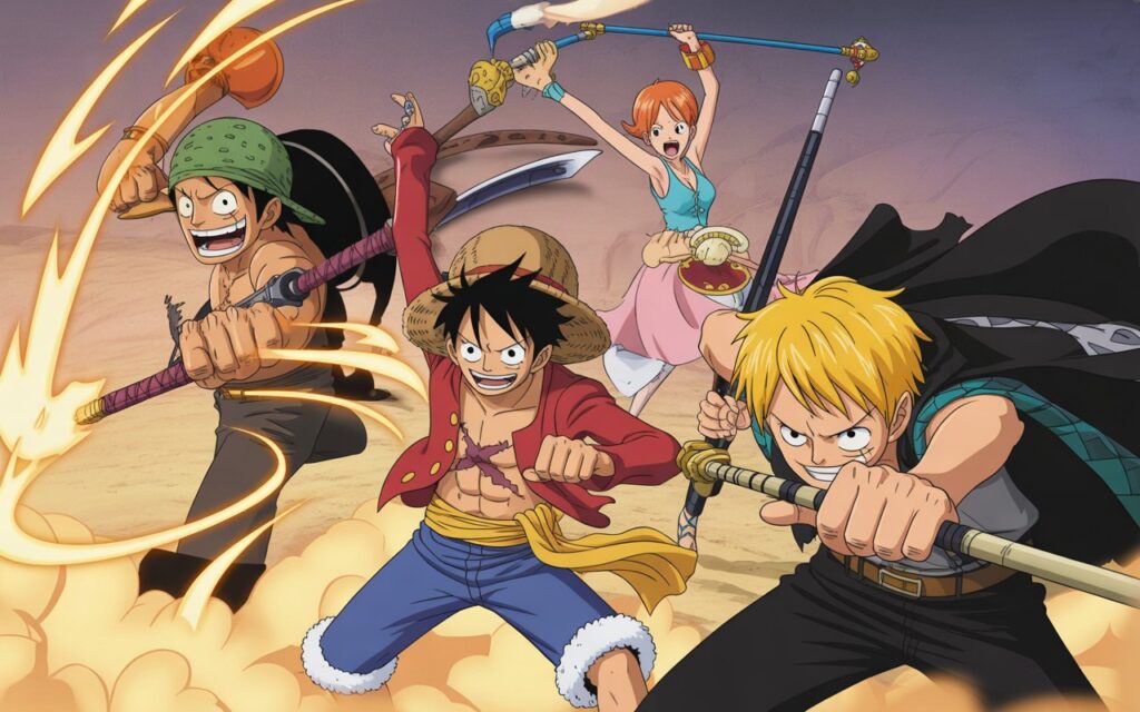One Piece manga review with Monkey D. Luffy standing on a adventure