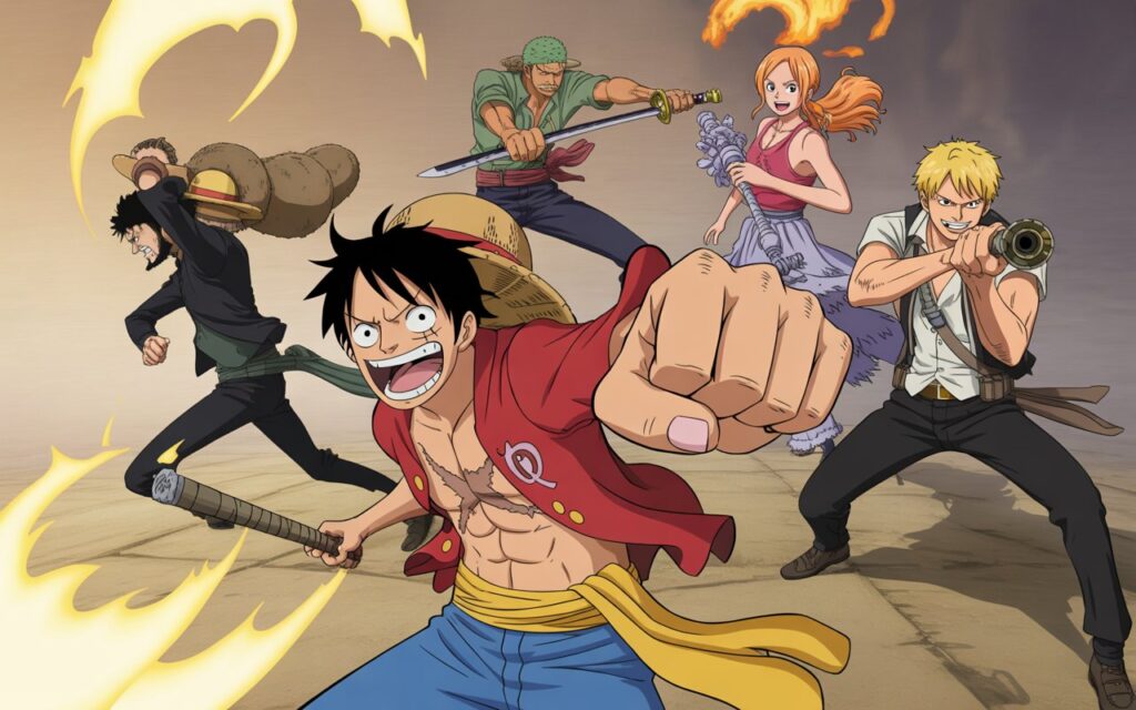 One Piece manga review with Monkey D. Luffy standing on a adventure