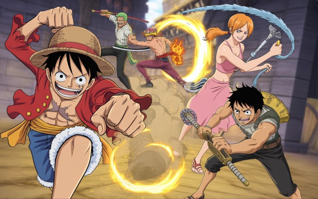 One Piece manga review with Monkey D. Luffy standing on a adventure